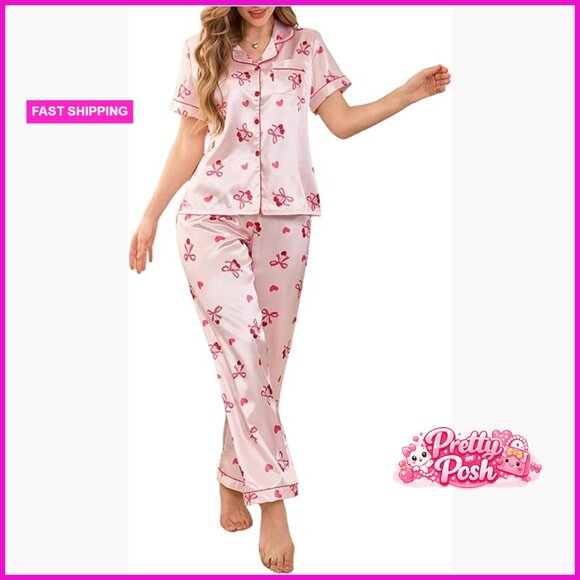 Other - Women's Satin Pajama Set Button Down Short Sleeve Pants Sleepwear